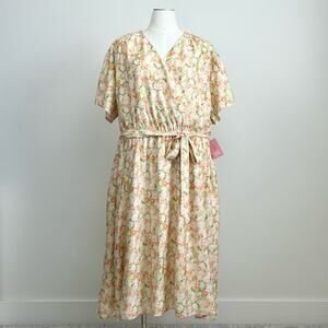 Ivy City Co. Yellow Pink Floral Rose Faux Wrap Short Sleeve Midi Lyra Dress NWT